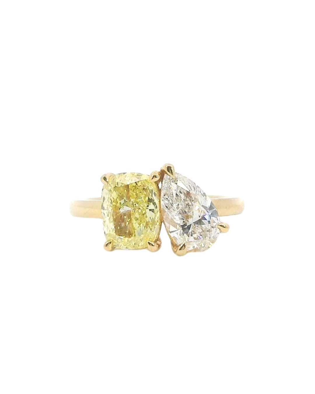 2.50Ct Yellow Elongated Cushion and Pear Lab-Grown Diamonds in the Toi et Moi Design
