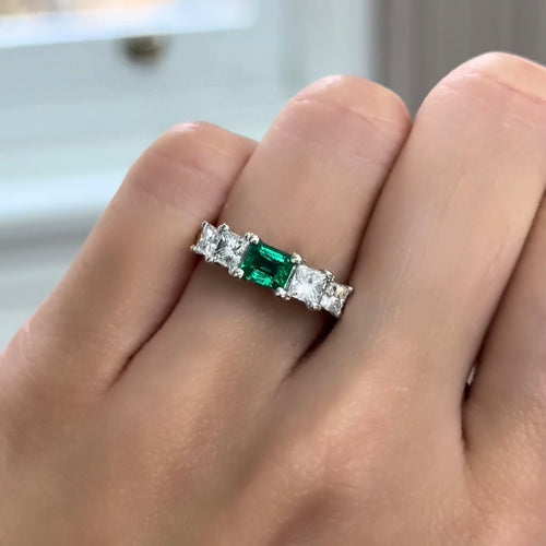 5 Stone Green Emerald & Diamond Ring