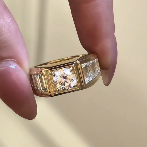 Round Brilliant Cut & Baguette Diamond Signet Ring