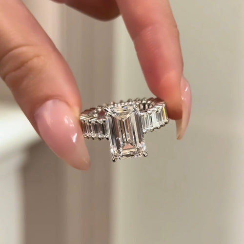 5.10Ct Emerald Cut Diamond 4 Claw Hidden Halo Full Eternity Baguette Cut Diamond Band