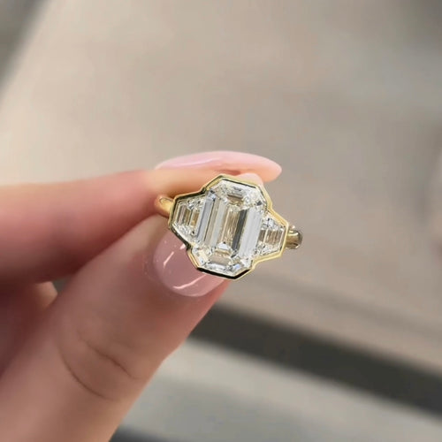 Emerald & Trapezoid Bezel Trilogy Engagement Ring
