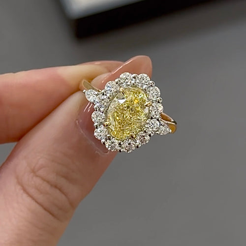 Fancy Yellow Oval Diamond Centre, Halo Art Deco Design Ring