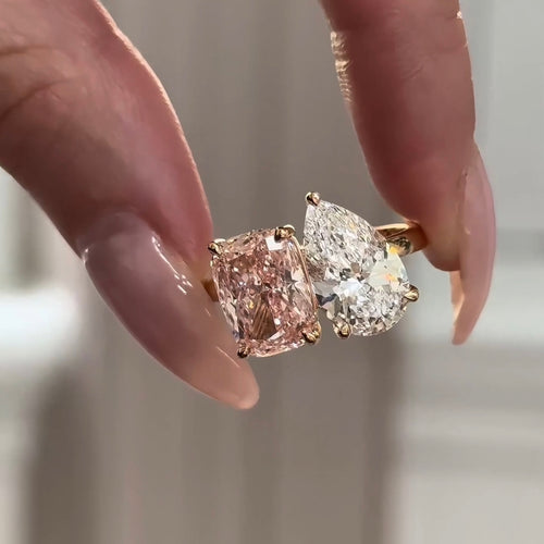 2.52Ct Pear Cut & 3.06Ct Pink Cushion Cut Diamond Toi et Moi with Hidden Halo
