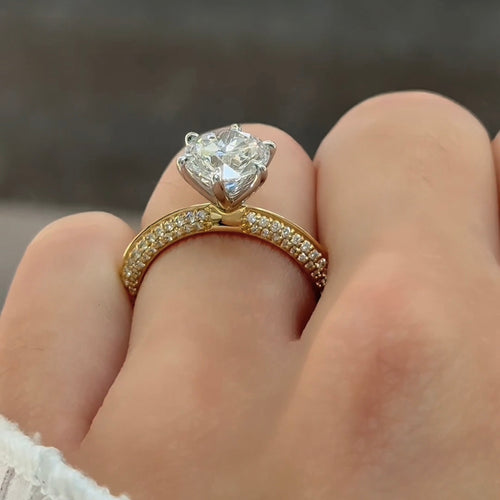 Round Brilliant Cut Diamond Knife Edge Pave Band Engagement Ring