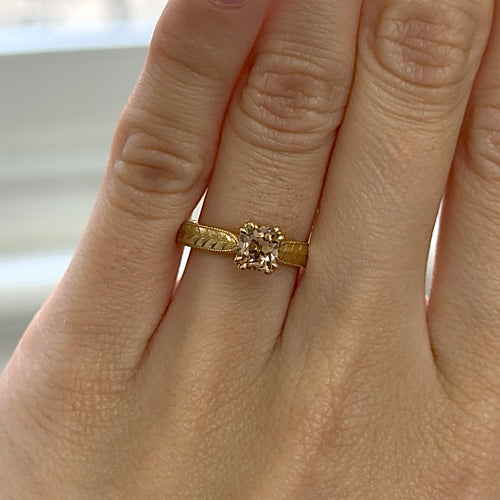 Cushion Cut Cognac Diamond Solitaire with Engravings on the Band