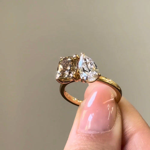 Elongated Cushion & Pear Cut Diamond Toi et Moi Engagement Ring
