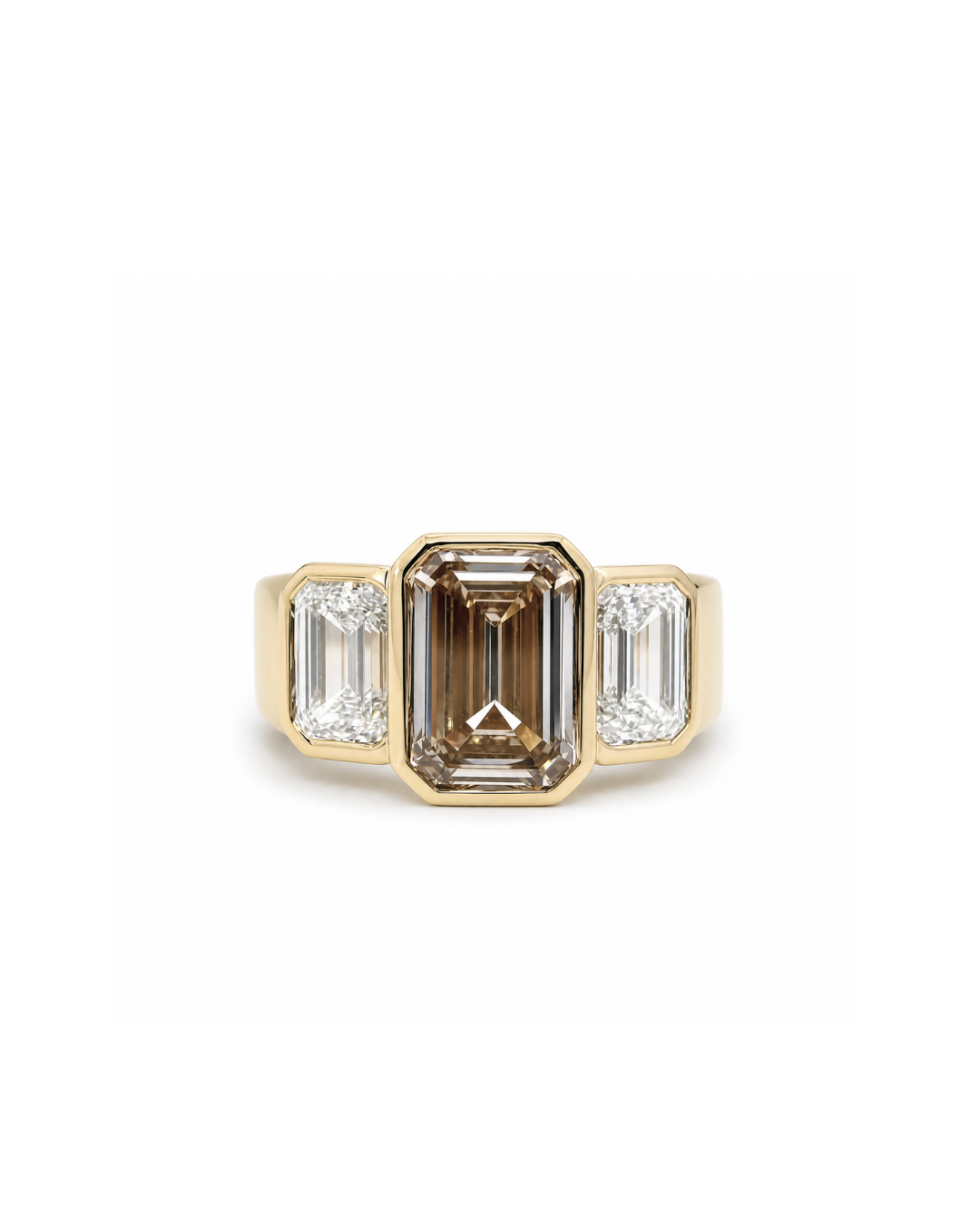 Emerald Cut Champagne Diamond Bezel Trilogy
