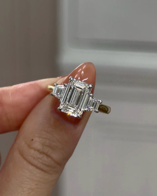 4.00Ct Emerald and Trapezoid Cut Trilogy Design Engagement Ring